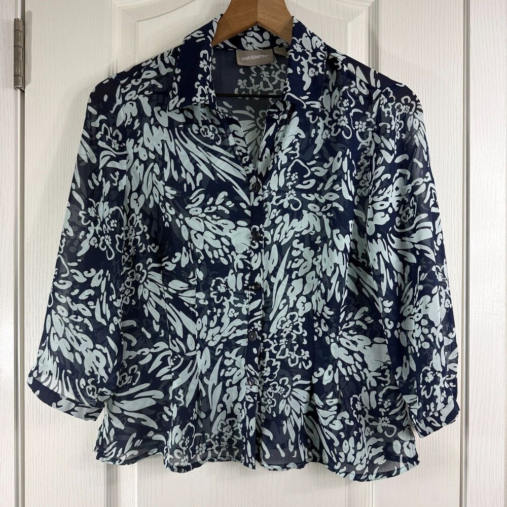 Croft & Barrow Blouse Womens S Blue Floral Sheer Button Up Top No Cami